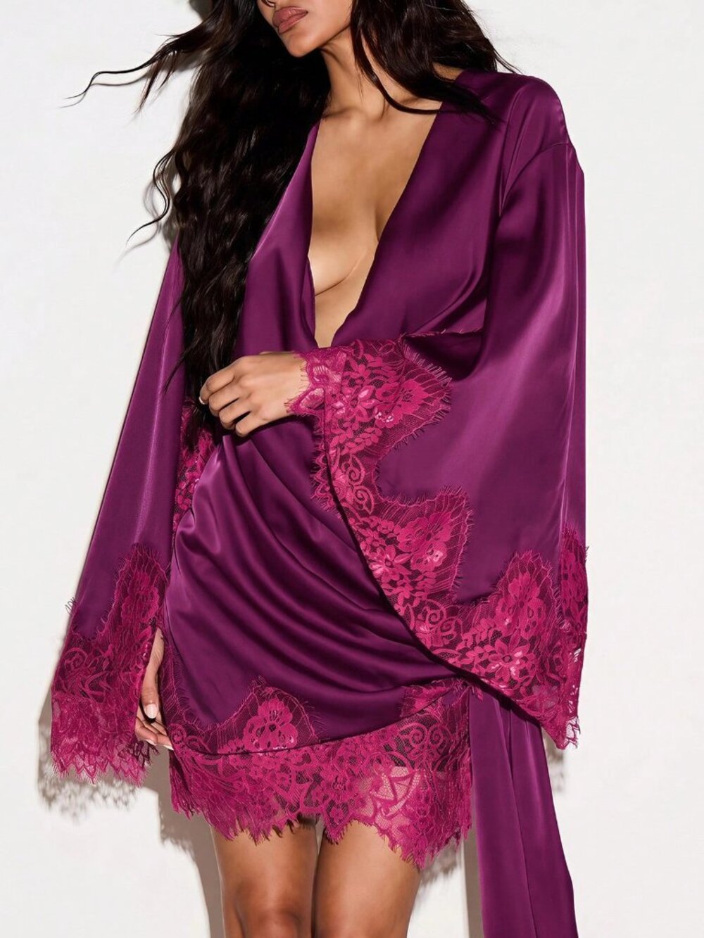 Purple Elegant Women's Wrap Mini Dress With Floral Lace Trim - Picture 5 of 5